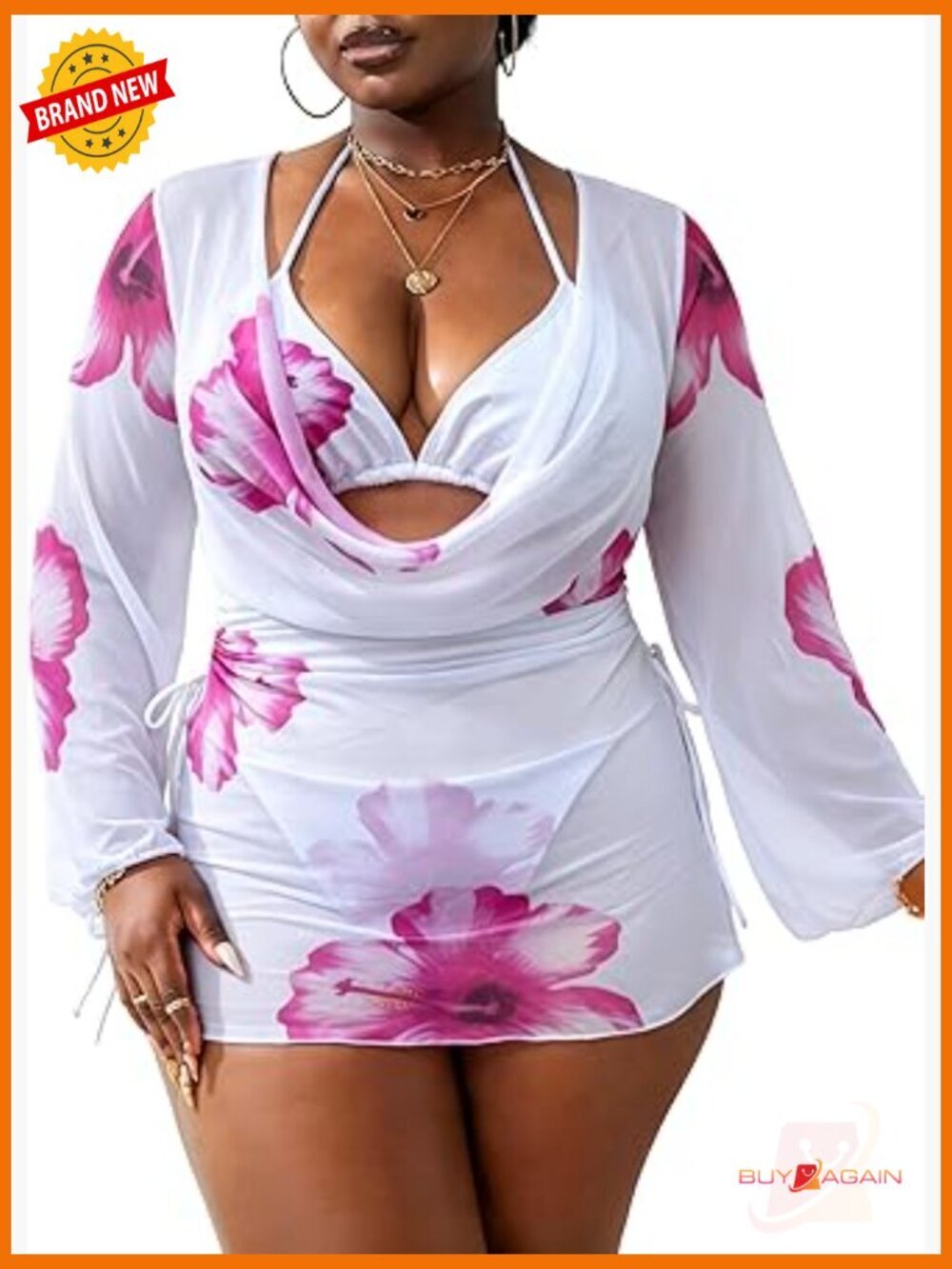 Plus Size 3 Piece Halter Triangle Bikini Set with Cover Up Bathing Suit